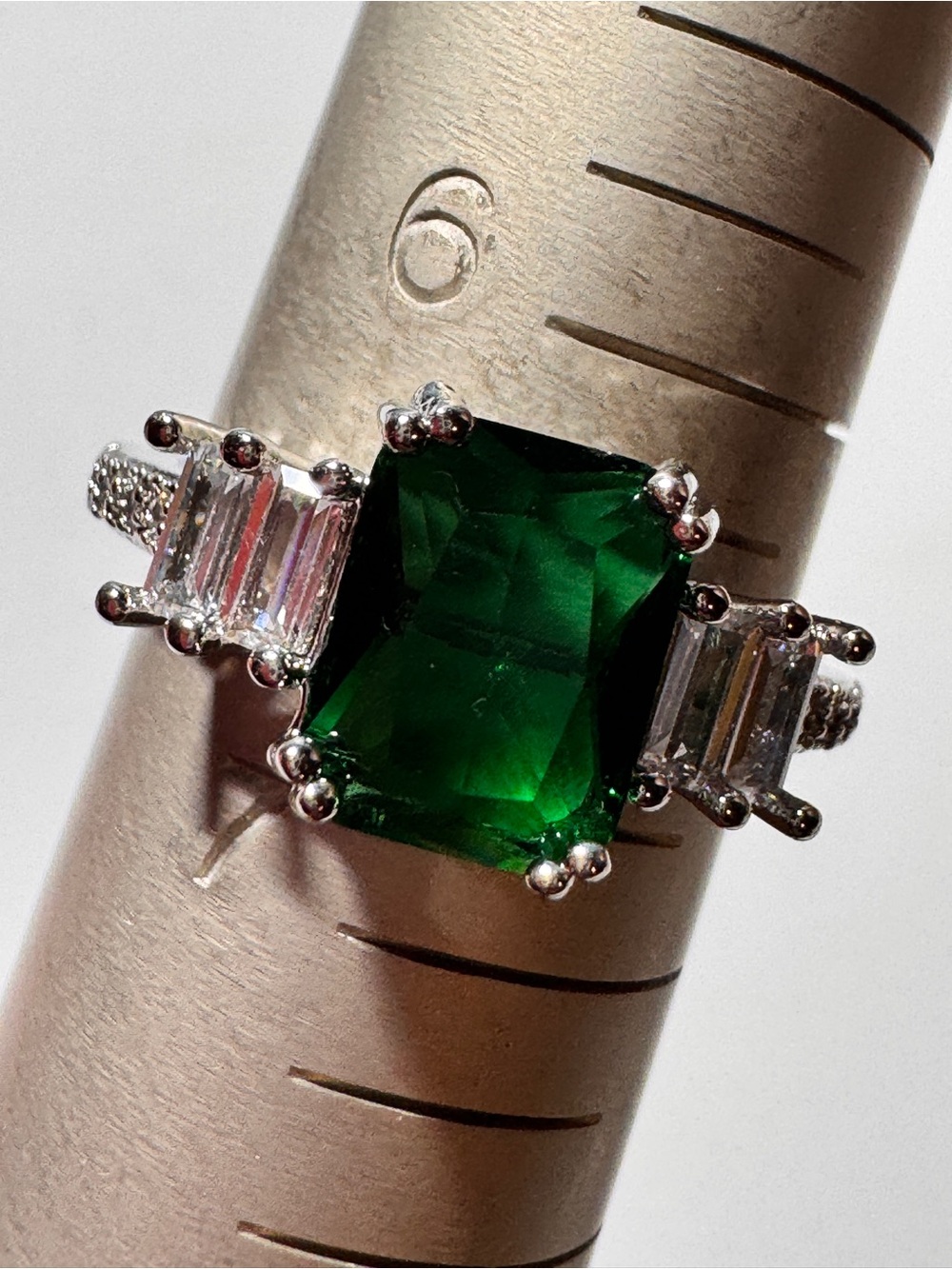 Emerald Green Square-Cut Statement Ring - Silver Tone